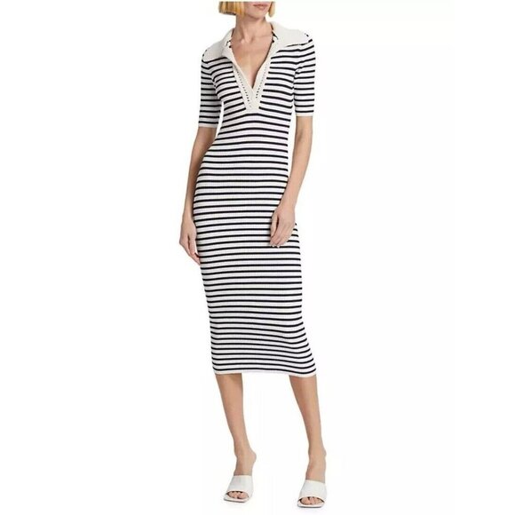 $695 CAROLINE CONSTAS Knit Stretch Midi Dress Striped White/Navy Bodycon L - Picture 1 of 11